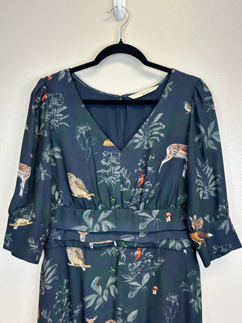 Cottagecore Forest Fairy Woodland Animal Nature Midi Dress Size M 3/4 Sleeves - Picture 2 of 11